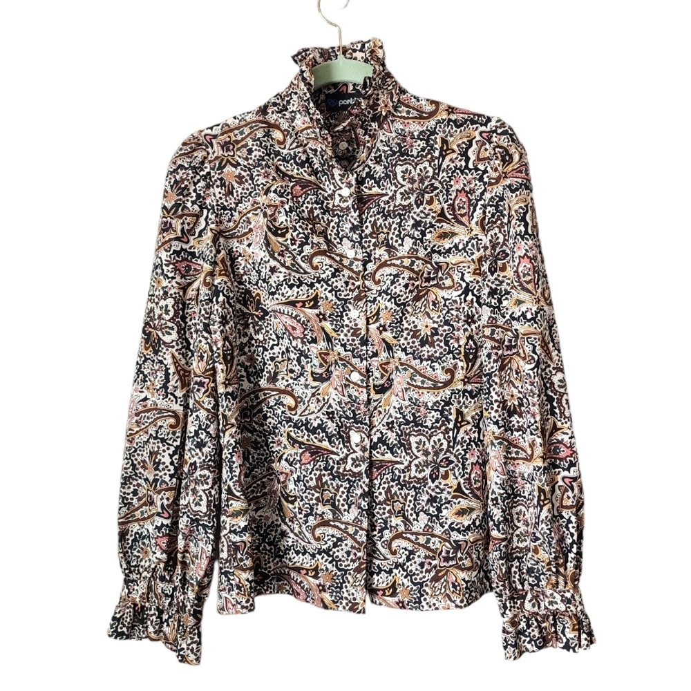 PANTHER 70s Floral Ruffle Blouse Romantic Cottagecore Button Up Puff Sleeve M‎